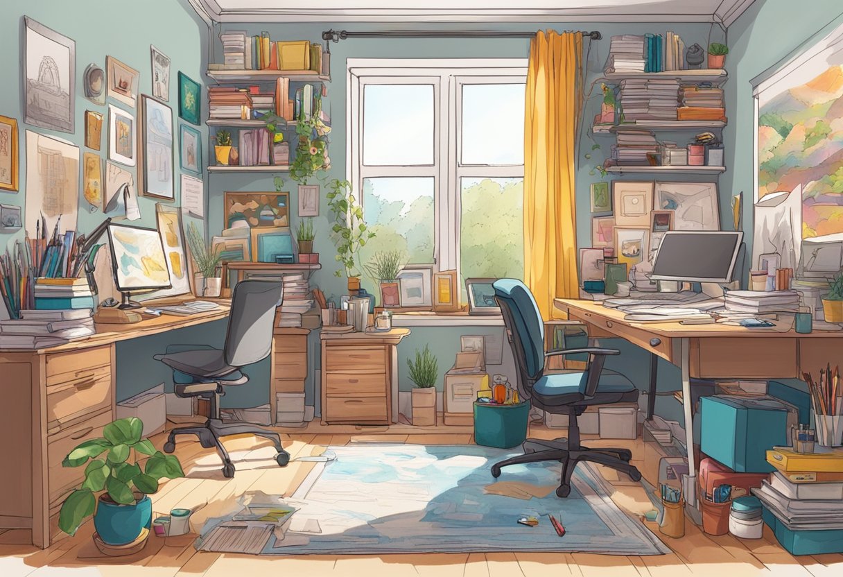 A cluttered bedroom with art supplies scattered across a large desk. Colorful sketches cover the walls, and a cozy reading nook sits in the corner