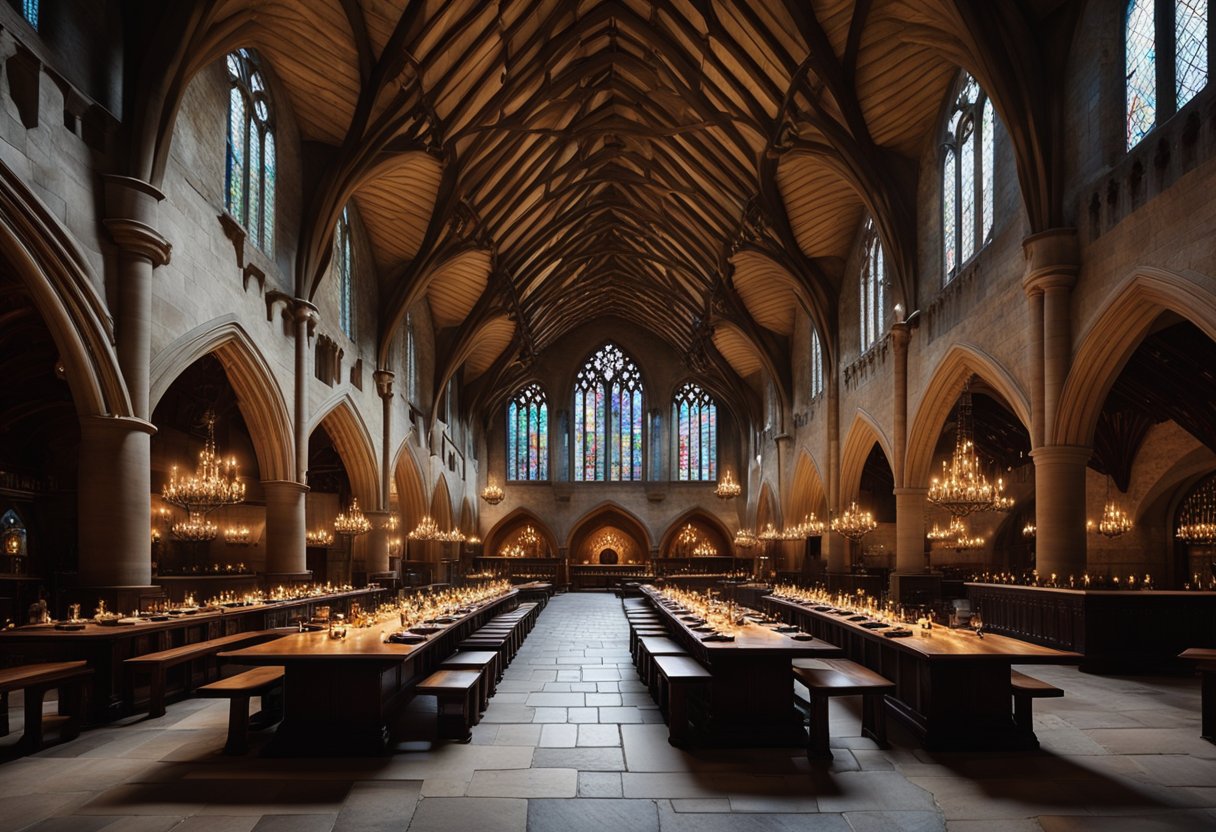 The grand hall of Hogwarts features soaring stone arches, flickering torches, and long wooden tables set for a feast. Stained glass windows cast colorful patterns on the ancient flagstone floor