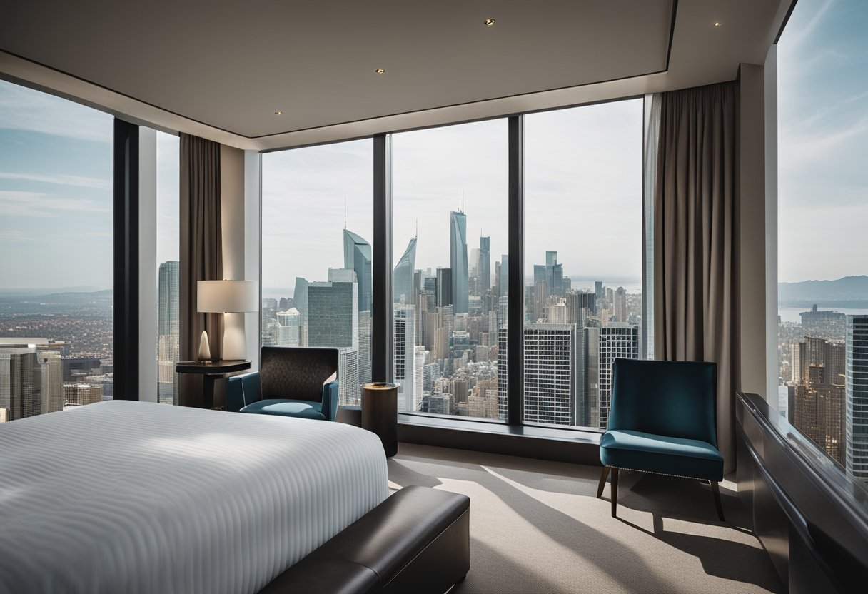 A modern hotel room with a king-sized bed, sleek furniture, and a large window overlooking a city skyline