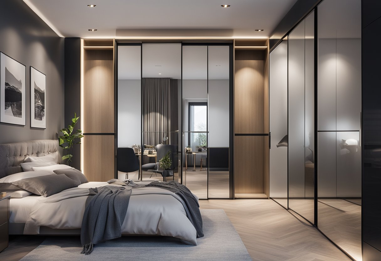 A bedroom with a sleek, modern wall wardrobe design, featuring sliding doors, built-in shelves, and a mirrored panel for added functionality and style