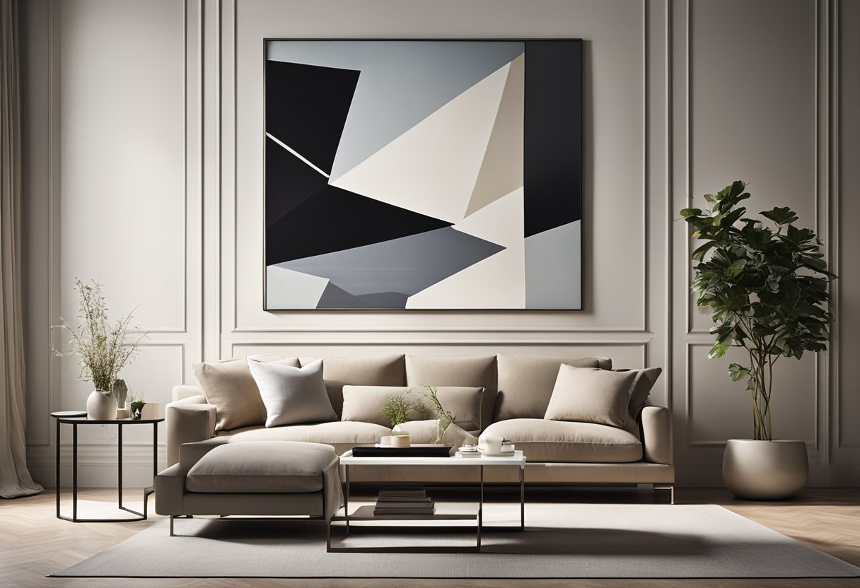 A modern, minimalist living room with clean lines, neutral colors, and natural light streaming in through large windows. A sleek, contemporary sofa and a statement piece of artwork on the wall add a touch of sophistication to the space