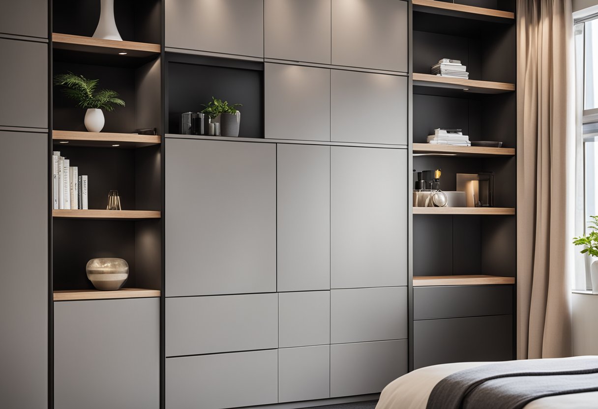 A wall cupboard in a bedroom, with sleek, modern design and adjustable shelves