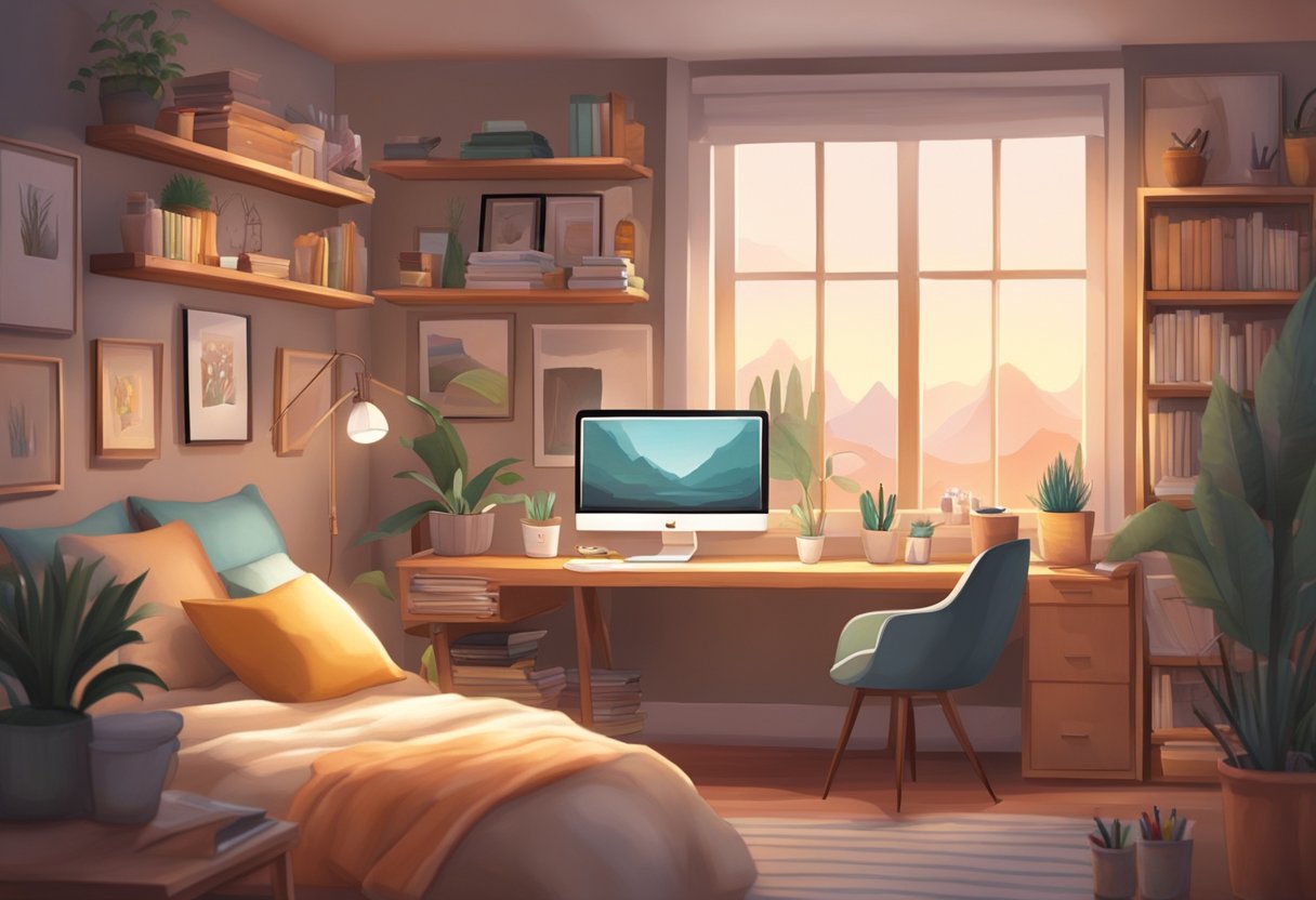 A cozy bedroom studio with a large desk, comfortable chair, and shelves filled with art supplies. Soft lighting creates a warm and inviting atmosphere