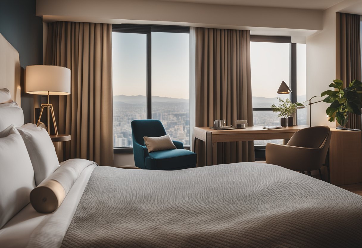 A cozy hotel room with a king-size bed, soft lighting, and elegant decor. A desk with a chair and a large window with a view