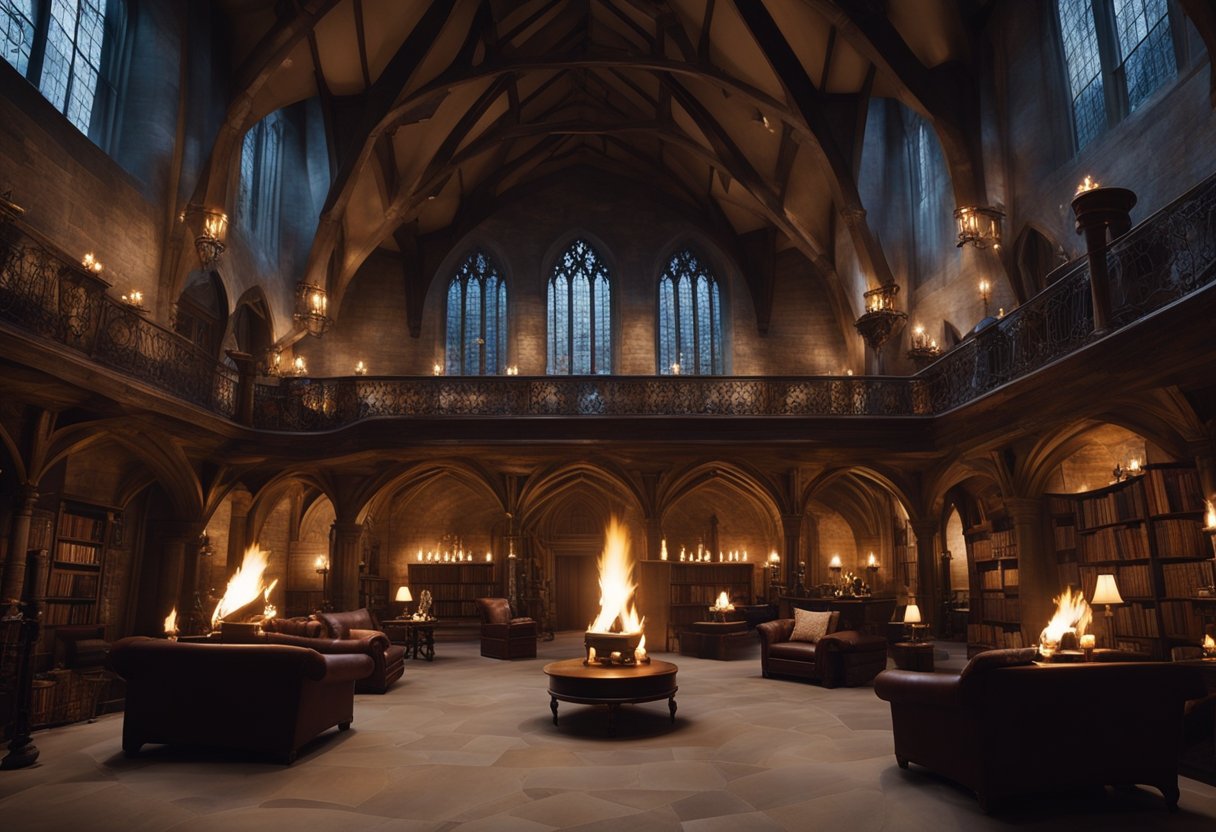The Hogwarts interior features grand staircases, intricate tapestries, and flickering torches lining the walls. The common rooms are cozy with plush armchairs and crackling fireplaces