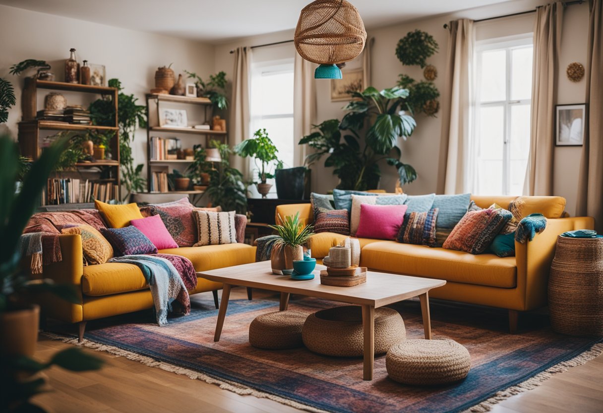 A cozy living room with colorful textiles, mismatched furniture, and eclectic decor, creating a relaxed and free-spirited bohemian atmosphere
