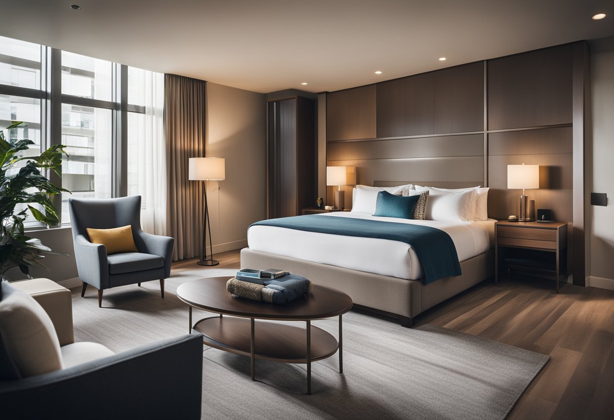 A modern hotel room with sleek furniture, soft lighting, and a cozy bed. The room features a neutral color palette with pops of color in the decor