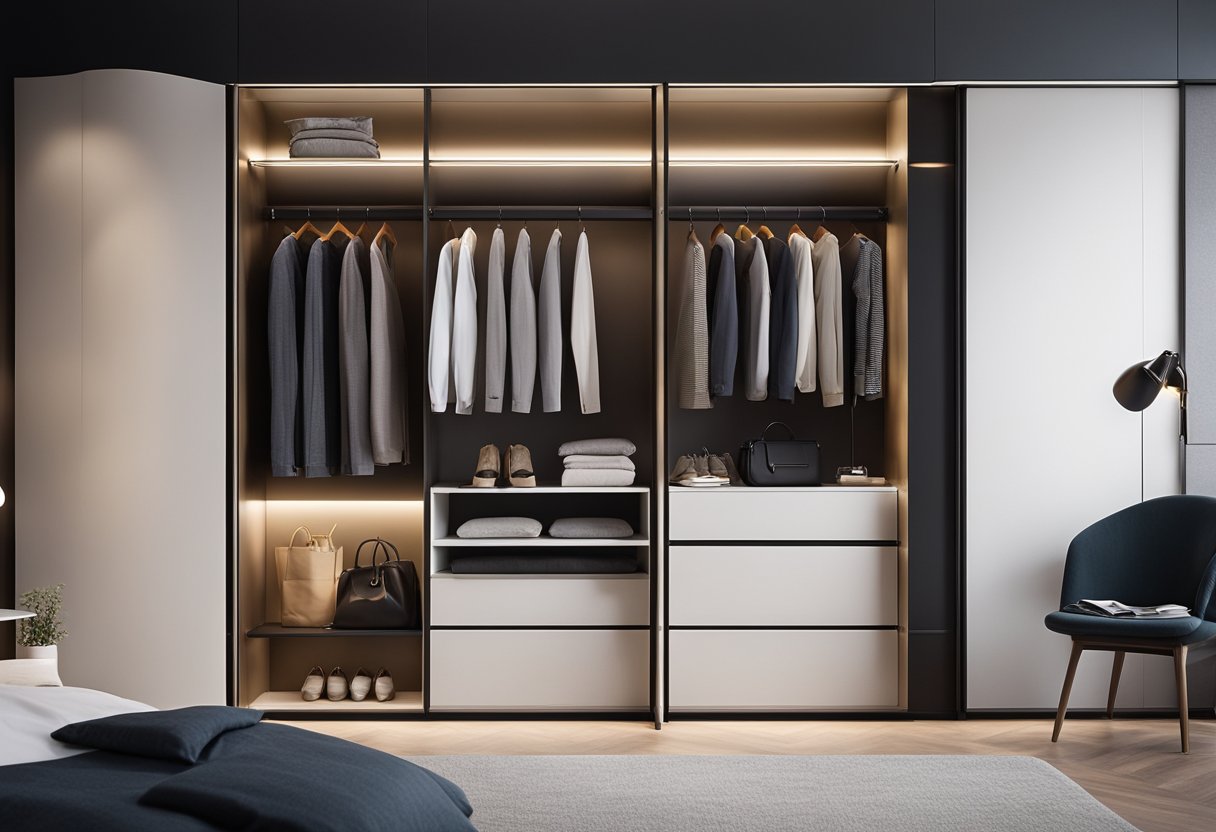 A sleek, modern wall wardrobe with clean lines and integrated lighting, designed to maximize storage while adding a touch of elegance to the bedroom