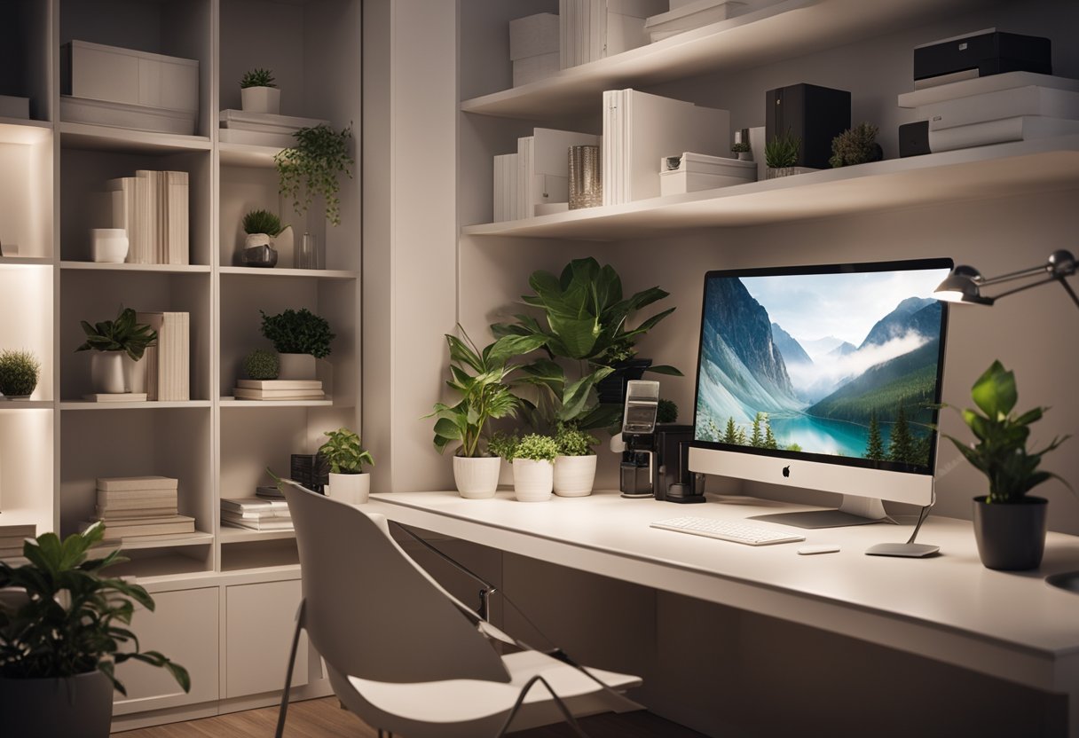 An elegant interior with modern furniture, plants, and soft lighting. A sleek desk with a computer, and shelves with neatly organized design books