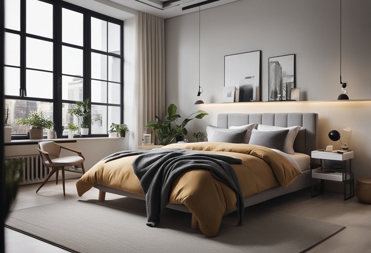 The bedroom is modern with a minimalist design. The bed is neatly made with a cozy throw blanket. A sleek study desk and chair are placed by the window, and the walls are adorned with framed artwork