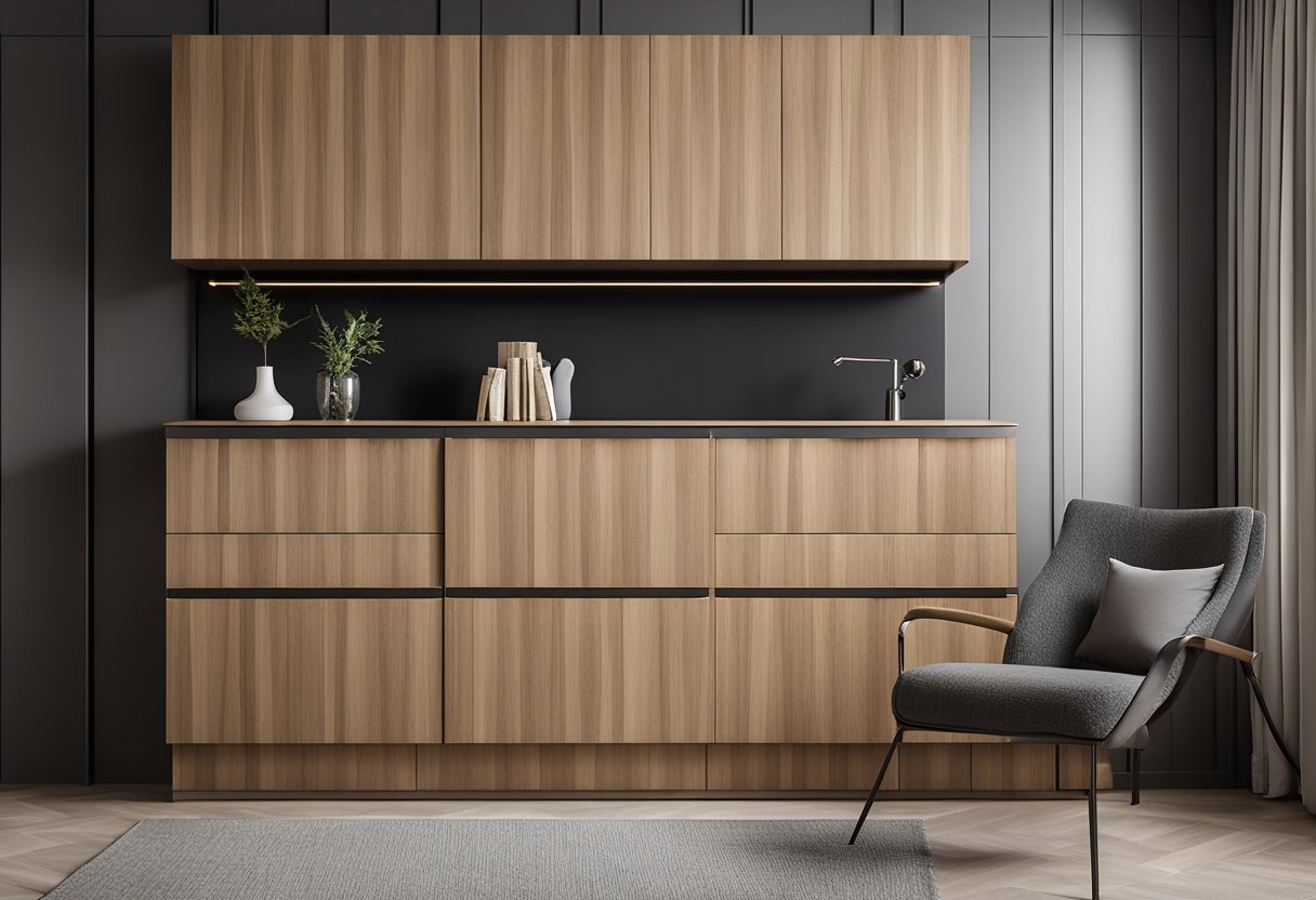 Wooden bedroom cupboards with sleek, modern designs. Textured wallpaper behind, contrasting with smooth, polished cupboard doors. Metal handles add a touch of elegance