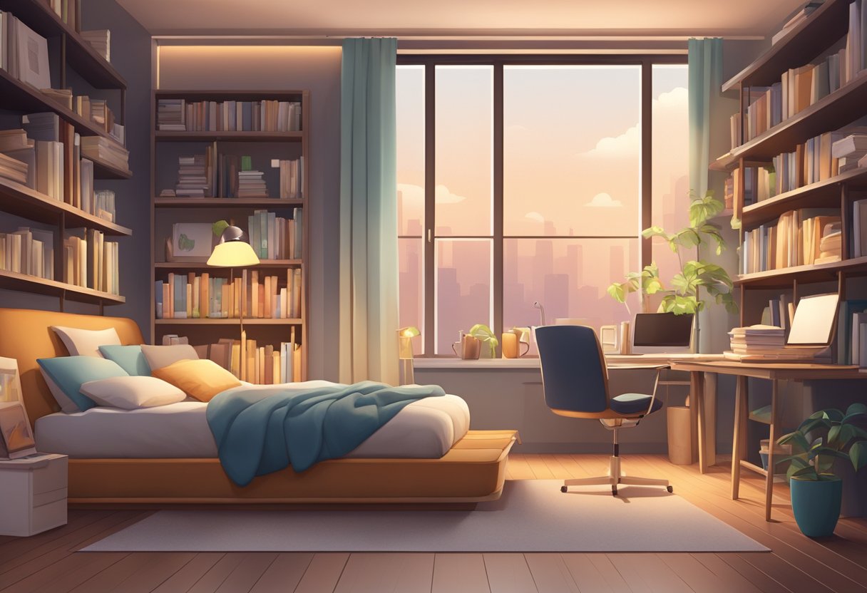 A spacious bedroom with a large drafting table, shelves filled with design books, and a cozy reading nook with a comfortable armchair and soft lighting