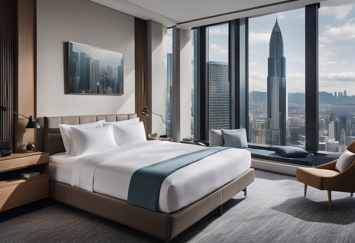A hotel room with modern interior design, featuring a cozy bed, sleek furniture, and large windows offering a view of the city skyline