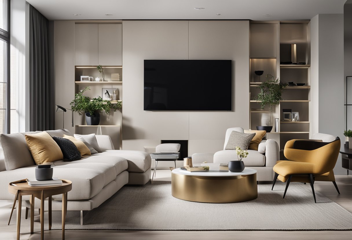 A sleek, modern living room with a neutral color palette, clean lines, and a pop of color in the form of a bold accent wall. The space is filled with natural light and adorned with stylish, minimalistic furniture