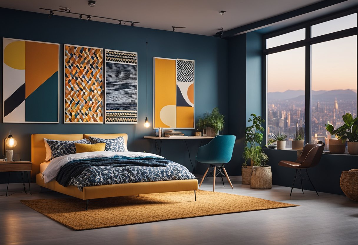A modern bedroom with bold colors, geometric patterns, and sleek furniture. Posters and art prints adorn the walls, while string lights and a cozy rug add a touch of warmth