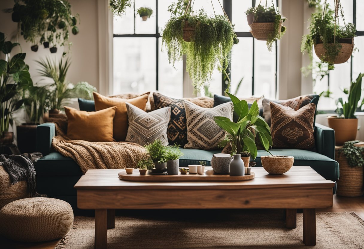 A cozy living room with eclectic furniture, vibrant patterns, and earthy tones. Hanging plants, floor cushions, and tapestries add to the bohemian vibe