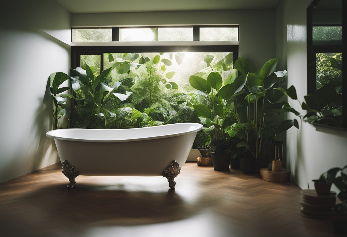 A bathtub sits in the corner of a spacious bedroom, surrounded by lush green plants and soft, ambient lighting