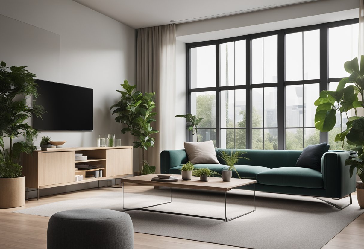 A modern living room with sleek furniture, large windows, and a minimalist color palette. A statement piece of art hangs on the wall, and plants add a touch of greenery