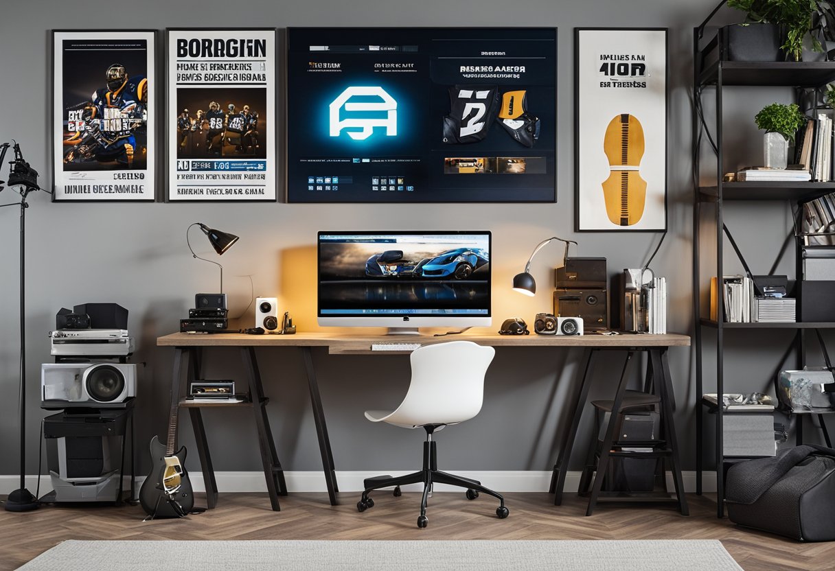 A modern bedroom with bold colors, clean lines, and functional furniture. Posters of favorite bands and sports teams adorn the walls. A desk with a computer and gaming setup completes the room