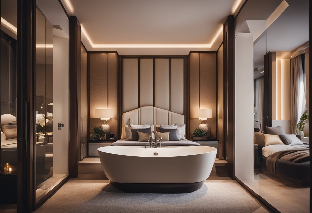 A spacious bedroom with a luxurious bathtub nestled in a cozy corner, surrounded by soft ambient lighting and elegant decor