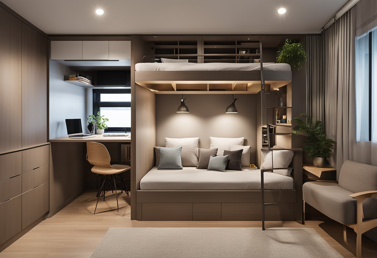 A bedroom in an HDB flat with clever space-saving design, featuring a wall-mounted fold-down desk, built-in storage, and a loft bed with a ladder