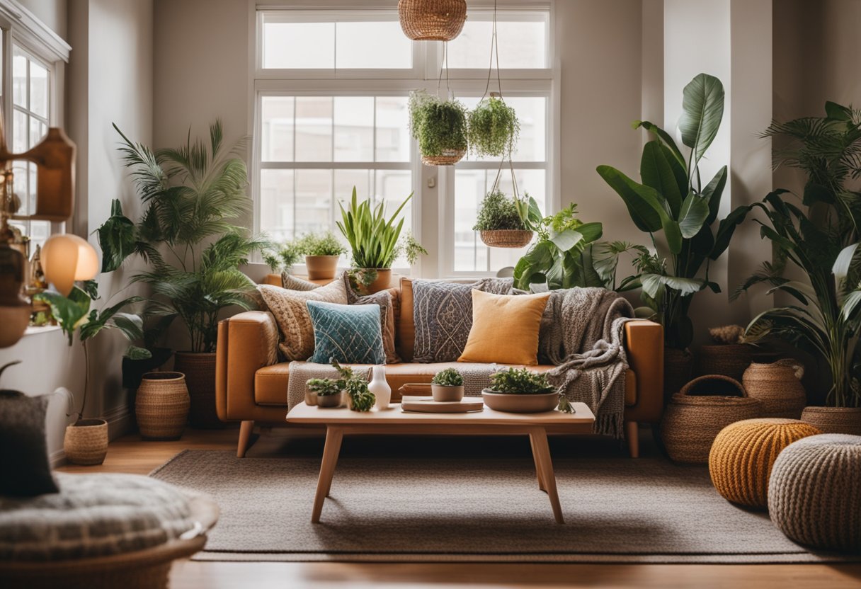 A cozy bohemian living room with colorful textiles, low seating, plants, and eclectic decor. Warm lighting and a mix of patterns create a relaxed and inviting atmosphere