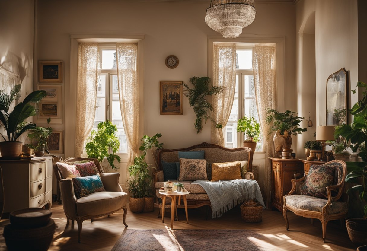 A cozy French bohemian interior with mismatched vintage furniture, colorful textiles, and eclectic art on the walls. Sunlight streams through lace curtains, casting a warm glow on the room
