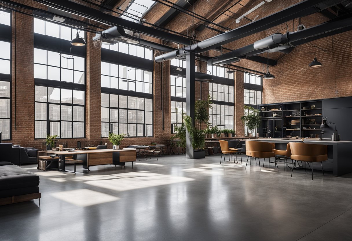 A spacious, open-plan industrial space with exposed brick walls, polished concrete floors, and sleek metal fixtures. Large windows let in natural light, illuminating the minimalist furnishings and clean lines of the design