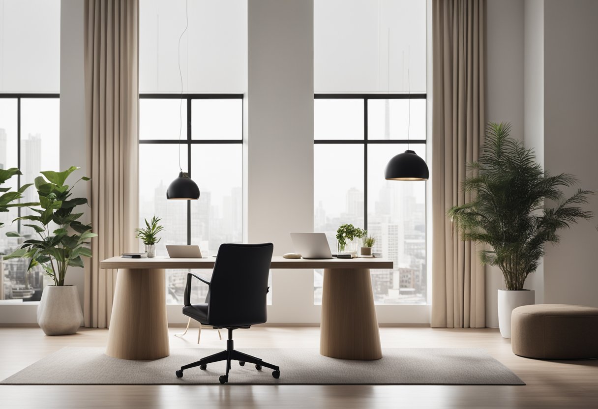 A modern, minimalist interior design presentation featuring clean lines, neutral colors, and natural materials. A spacious room with large windows, a sleek desk, and comfortable seating