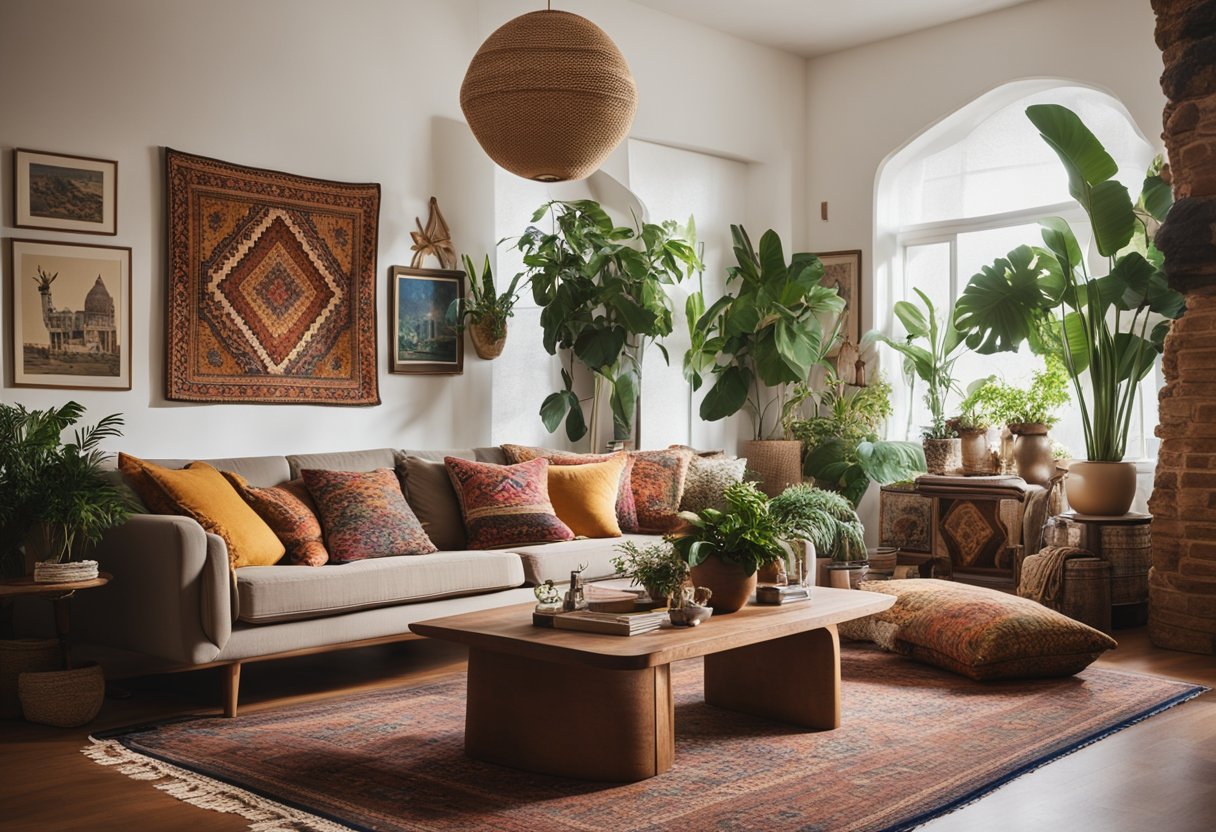 A cozy living room with vintage furniture, colorful rugs, and eclectic artwork. Plants and hanging tapestries add a bohemian touch. Warm lighting creates a relaxed atmosphere