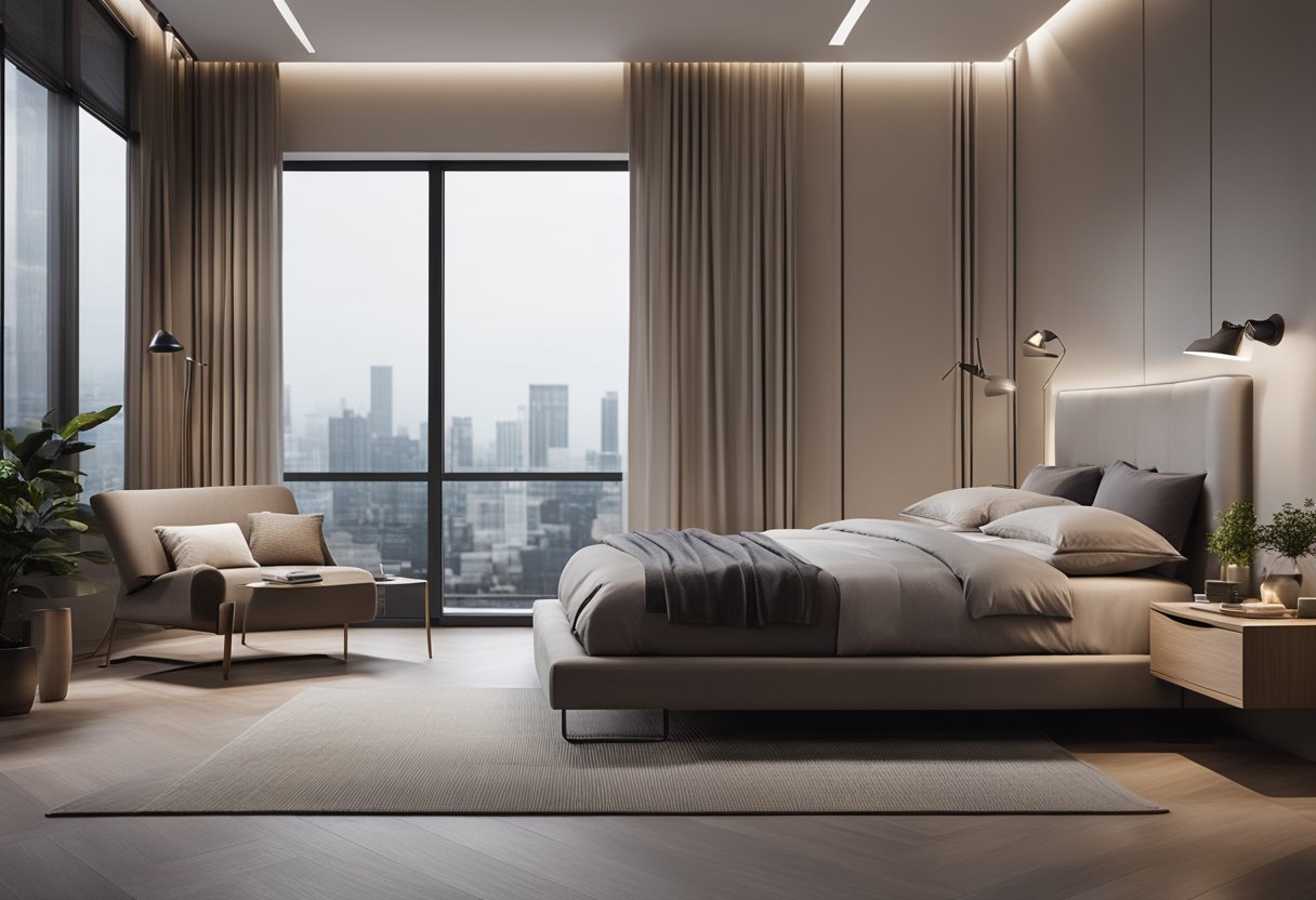 A modern bedroom with sleek furniture, ample storage, and integrated lighting. Clean lines and neutral colors create a minimalist yet cozy atmosphere