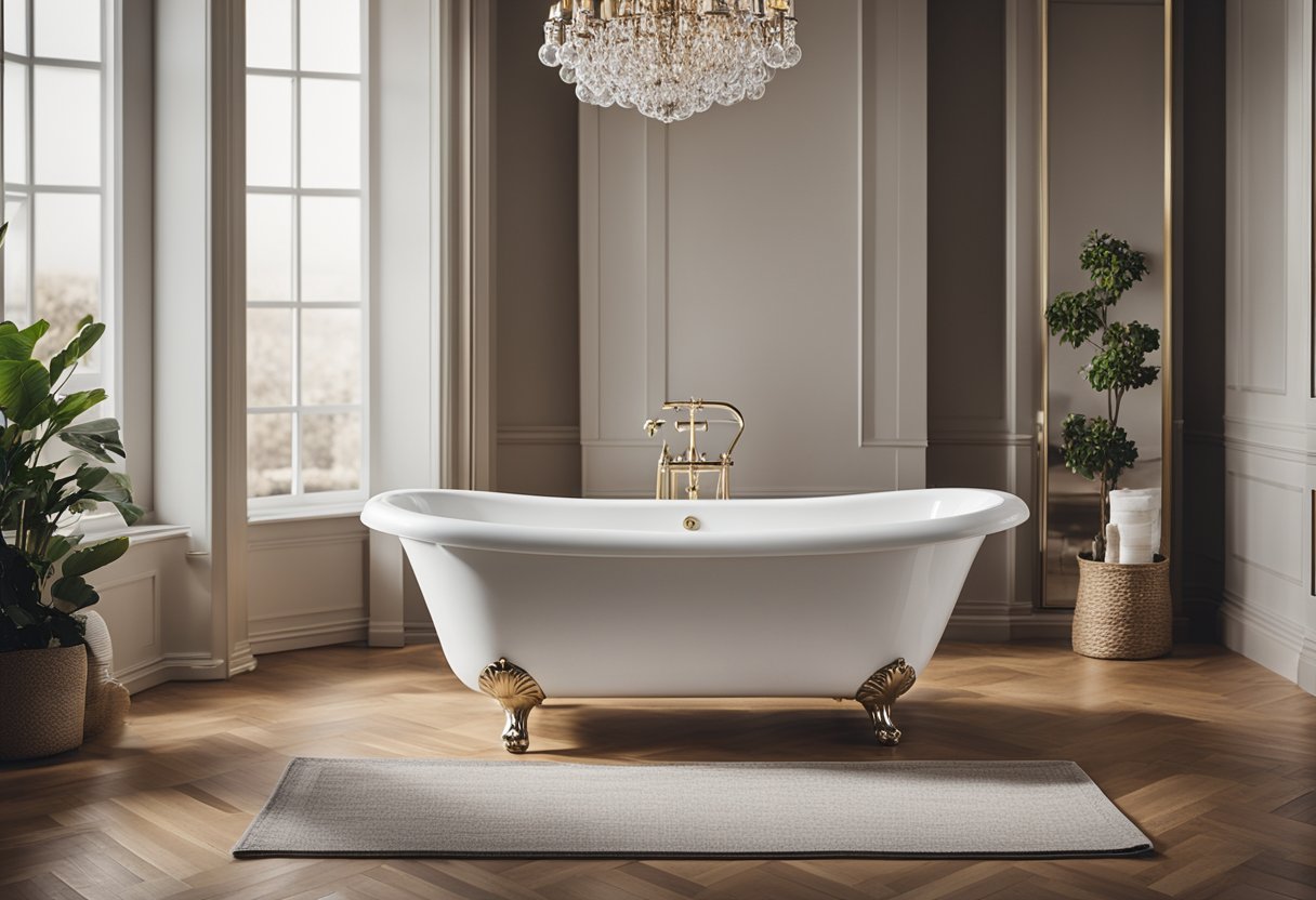 A bathtub sits in a spacious bedroom, surrounded by elegant decor. The room is well-lit and inviting, with a sense of luxury and relaxation