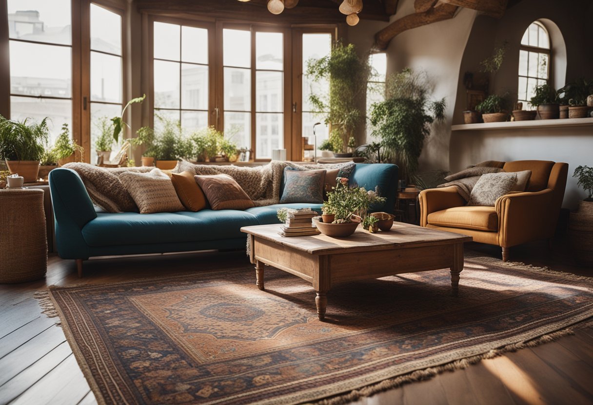 A cozy French bohemian interior with vintage rugs, colorful tapestries, and mismatched furniture arranged around a low coffee table. Sunlight streams in through large windows, casting warm patterns on the floor