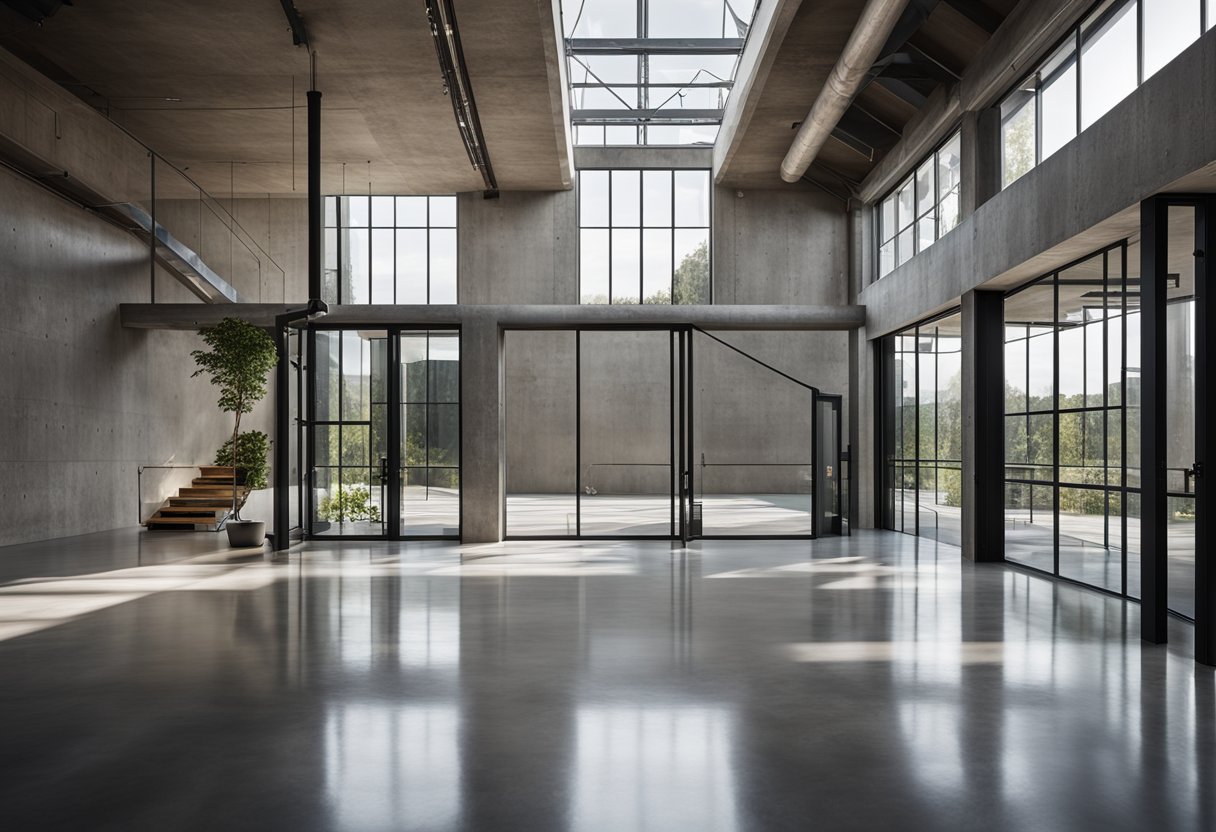 A spacious, open-concept room with exposed concrete walls, polished concrete floors, and sleek, metal furnishings. Large windows allow natural light to flood the space, creating a clean and modern atmosphere