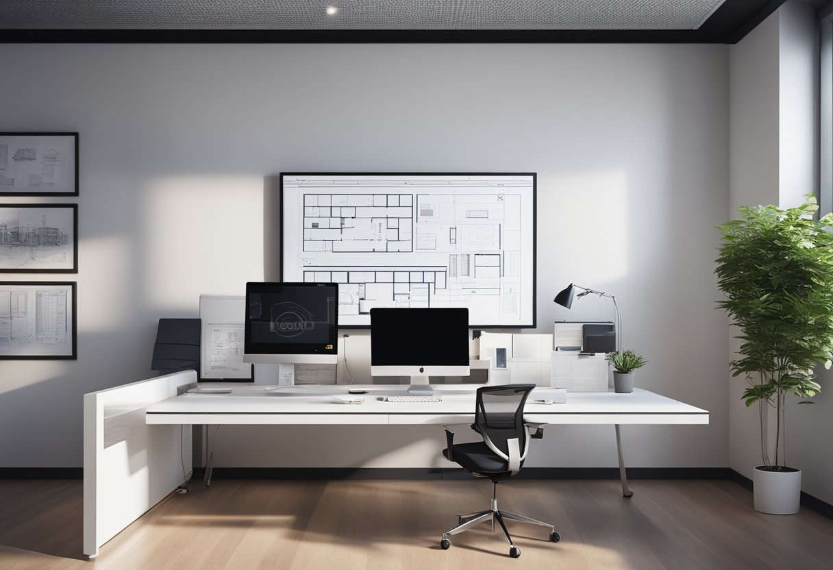 A clean, modern office space with a large presentation board displaying interior design drawings. A desk with neatly organized materials and a computer monitor showing design software