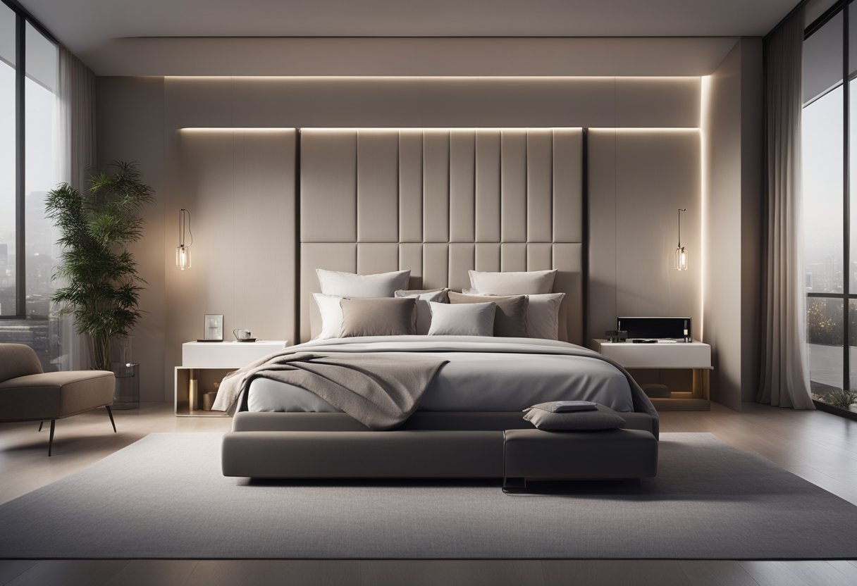 A sleek, minimalist bedroom with clean lines, neutral colors, and high-tech gadgets. A large, comfortable bed takes center stage, surrounded by futuristic furniture and smart lighting