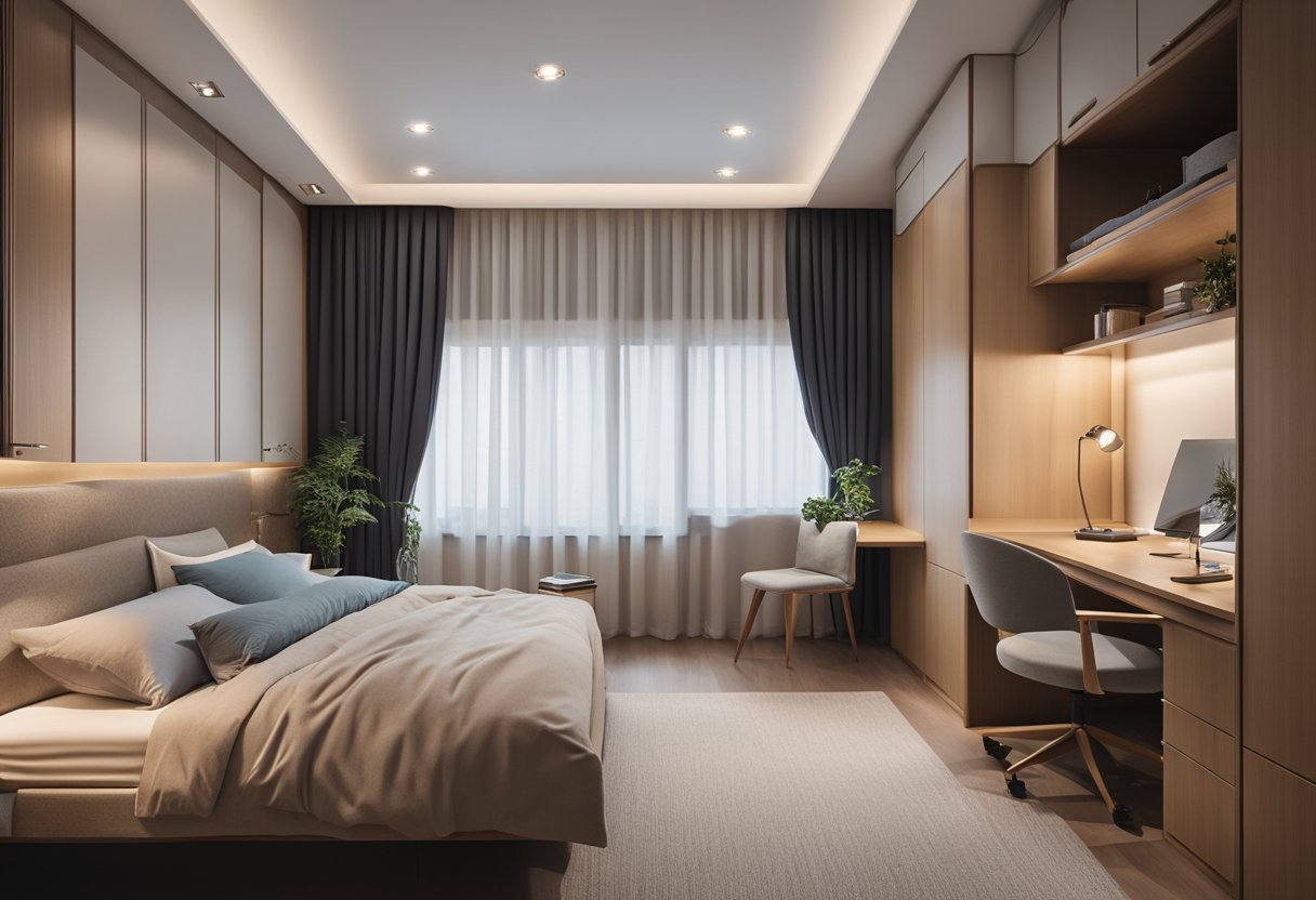 A cozy bedroom with modern HDB design, featuring a sleek built-in wardrobe, a comfortable bed with stylish bedding, and a functional study desk with a chair