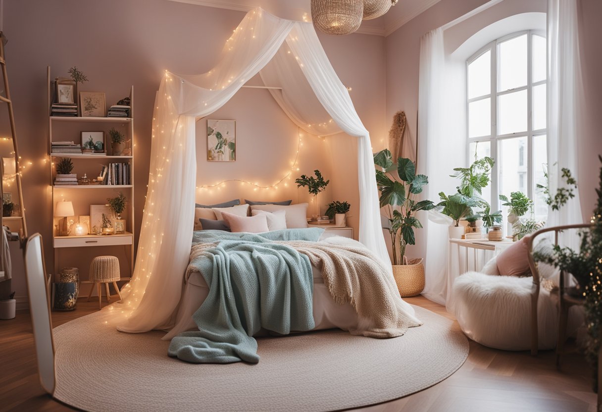 A cozy bedroom with pastel walls, a canopy bed with fairy lights, a vanity table with a mirror, and a bookshelf filled with novels and decorative items