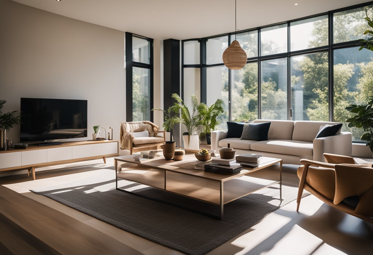 A well-lit living room with natural sunlight streaming through large windows, casting warm and inviting shadows on the carefully placed furniture and decor