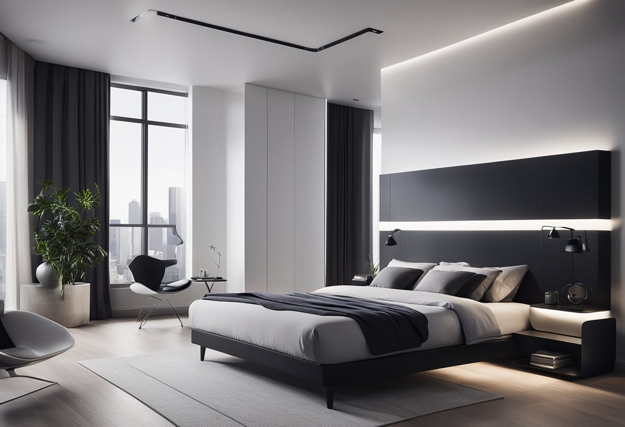 A sleek, minimalist bedroom with clean lines, high-tech gadgets, and futuristic furniture. The room features a monochromatic color scheme with pops of bold, vibrant accents