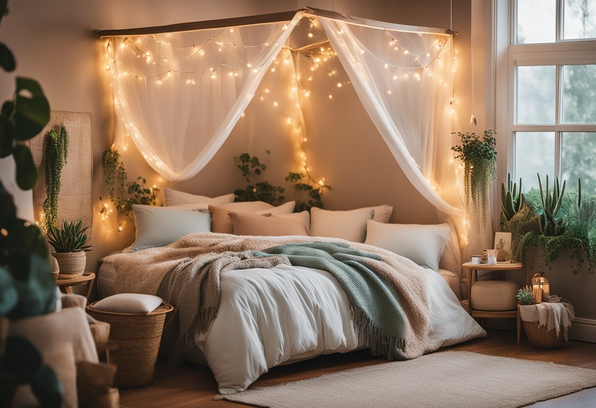 A cozy bedroom with pastel walls, string lights, and a canopy bed adorned with fluffy pillows and a soft throw blanket. A vanity table with a mirror, adorned with fairy lights and a collection of succulents, completes the tranquil space