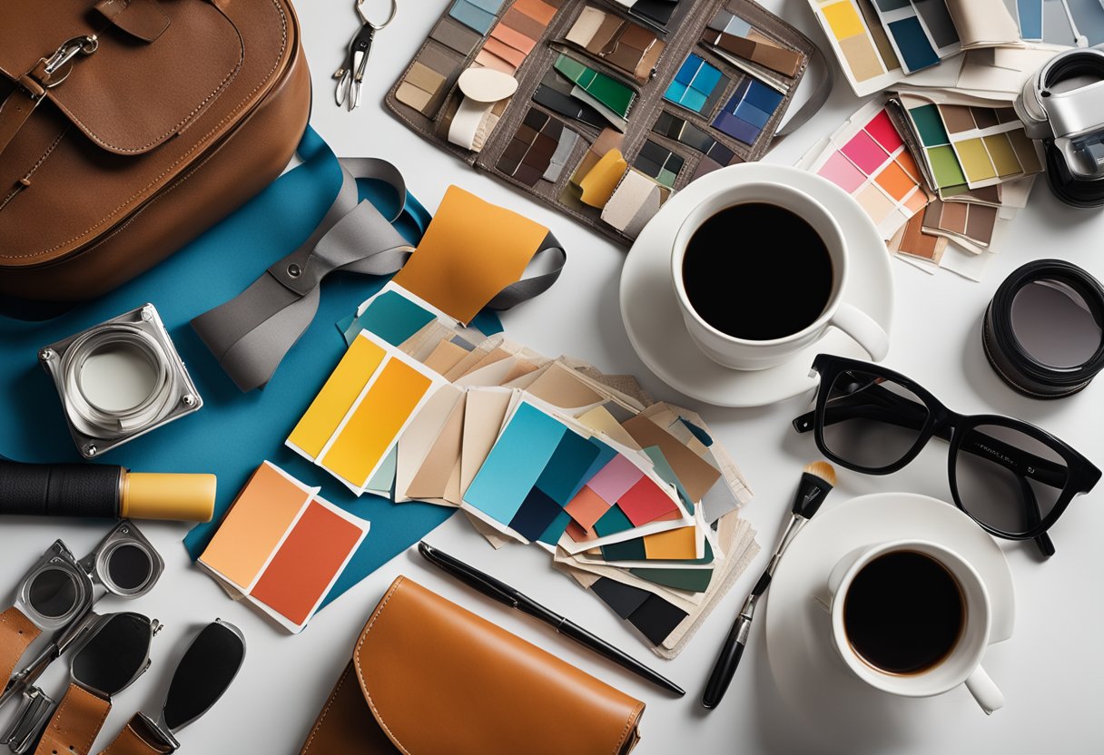 A cluttered workspace with various tools, fabric swatches, paint samples, and sketchbooks scattered around. A stylish bag sits prominently, filled with design essentials