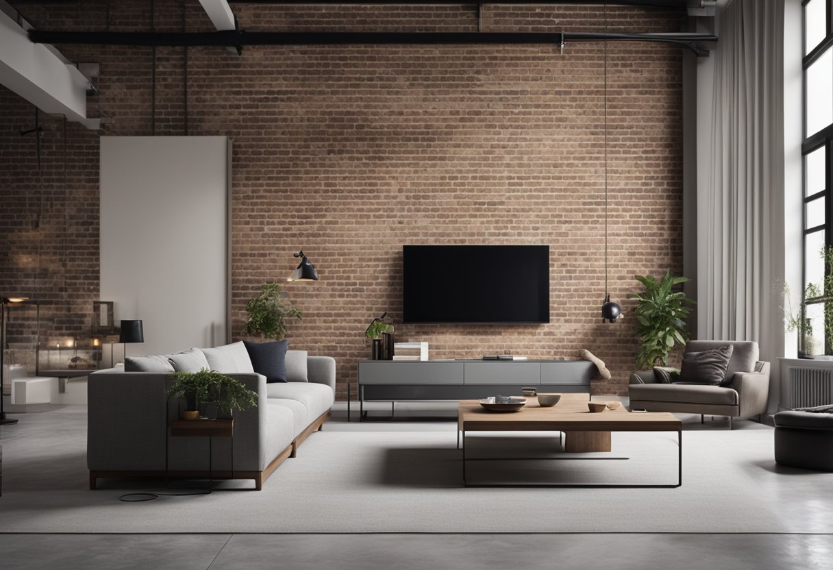 A spacious living room with exposed brick walls, concrete floors, and sleek, modern furniture. Minimalist decor with clean lines and neutral colors