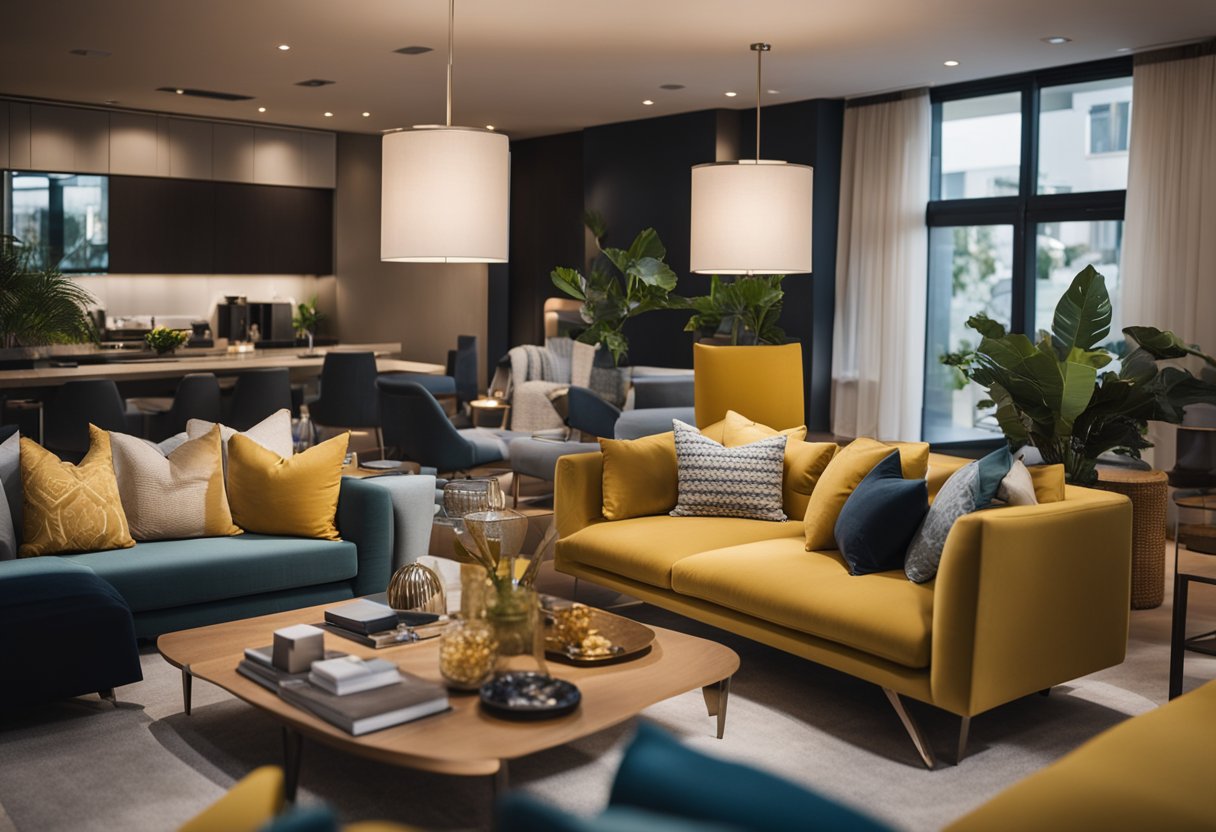 An interior design consultant arranges furniture and decor in a modern living room, focusing on color coordination and spatial arrangement