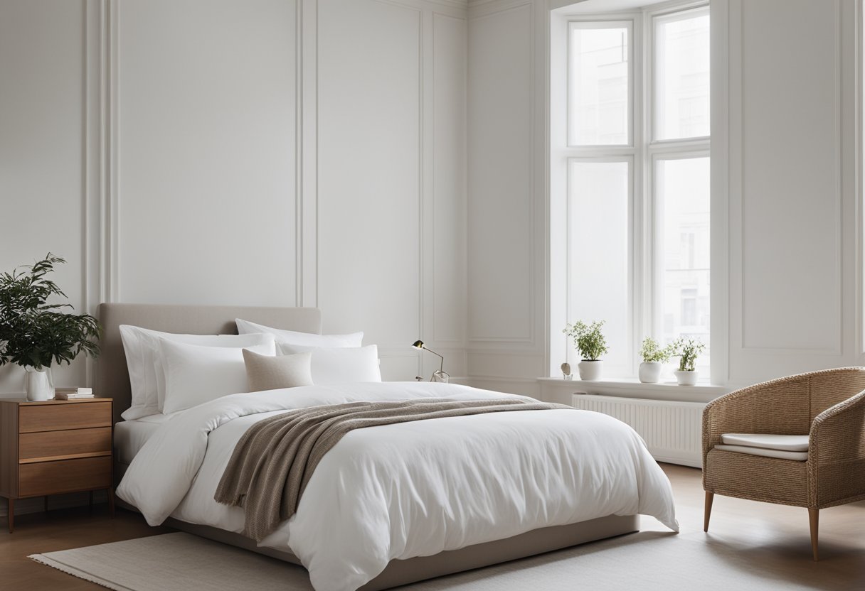 A spacious bedroom with clean lines, neutral colors, and minimal furniture. A large bed with crisp white linens sits against a backdrop of light-colored walls and simple, unadorned decor