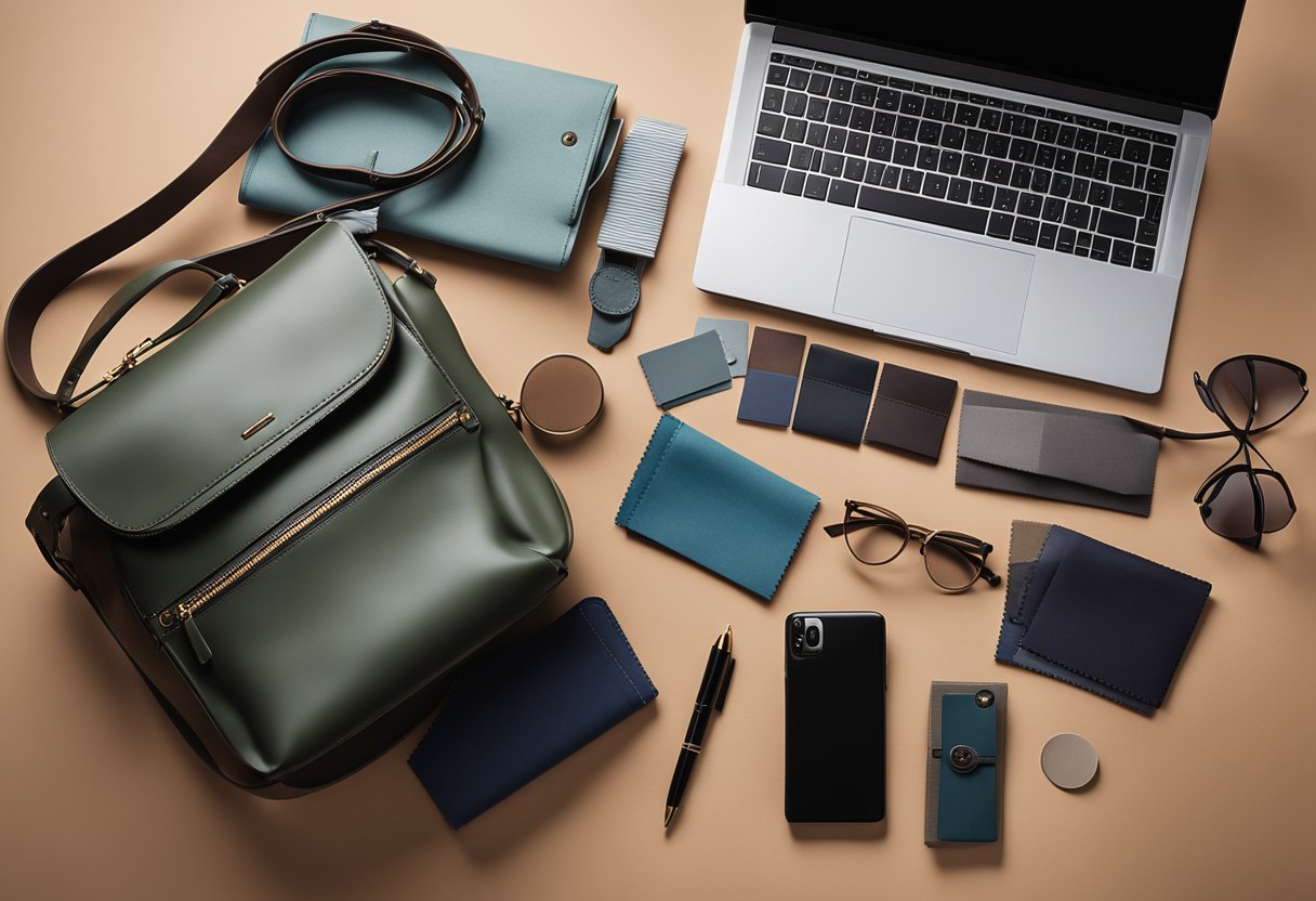 A sleek, modern designer bag sits on a clean, organized desk surrounded by swatches, fabric samples, and a sketchbook