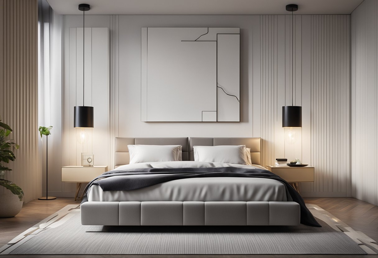 A sleek, minimalist bed with geometric patterns, paired with a statement-making light fixture and abstract artwork on the walls
