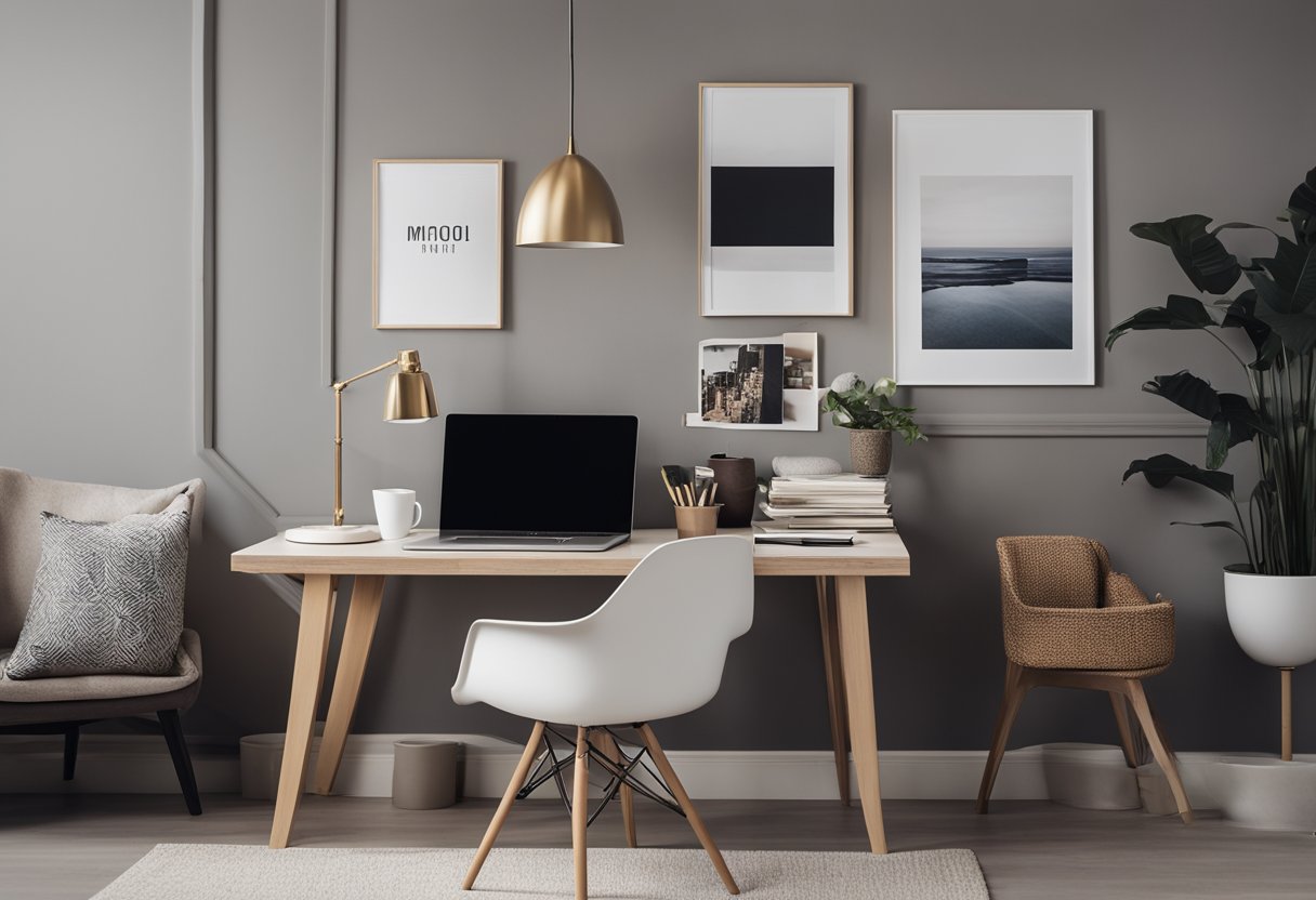 A laptop on a desk, with a stack of interior design books and a mood board pinned to the wall. A cozy armchair and a stylish lamp complete the modern, minimalist workspace