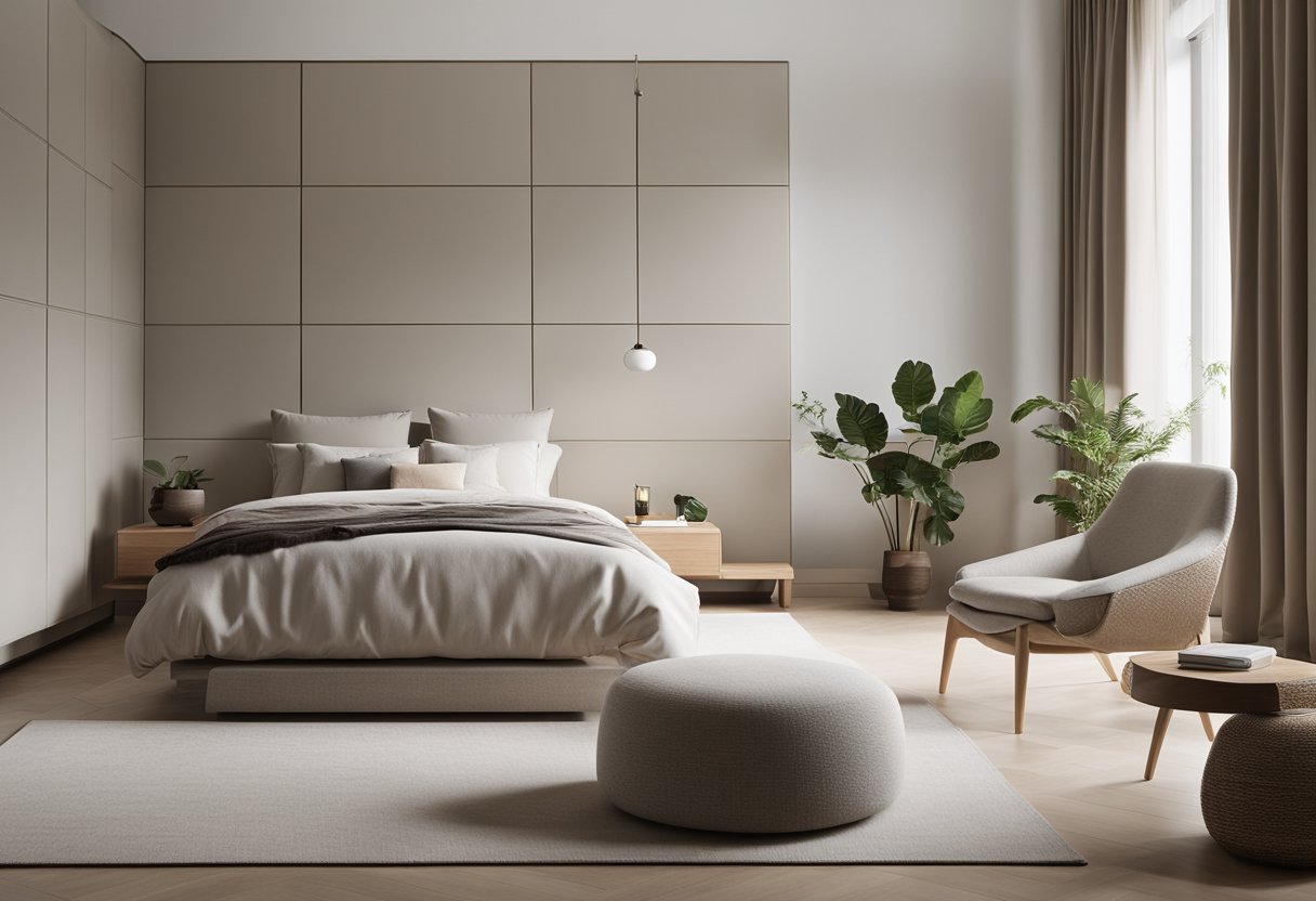 A serene bedroom with clean lines, neutral colors, and uncluttered surfaces. Simple furniture and minimal decor create a calm and peaceful atmosphere