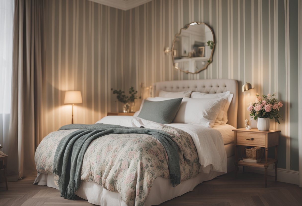 A cozy bedroom with a vintage bed, floral patterned curtains, and a wooden dresser. A soft, muted color palette and a classic, elegant atmosphere